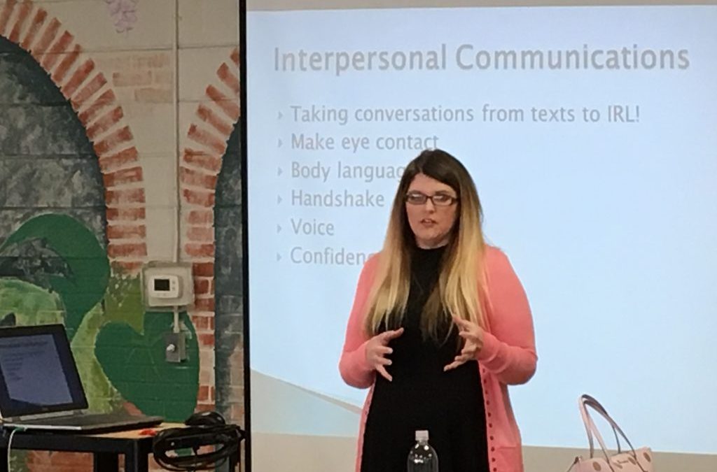 Kelli Dauphin of the Louisiana Workforce Commission speaks to students about what employers want and expect.